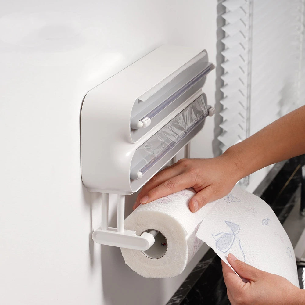 Dispenser da Cucina 3 in 1 – Portarotolo da Parete per Pellicola, Alluminio e Carta da Cucina