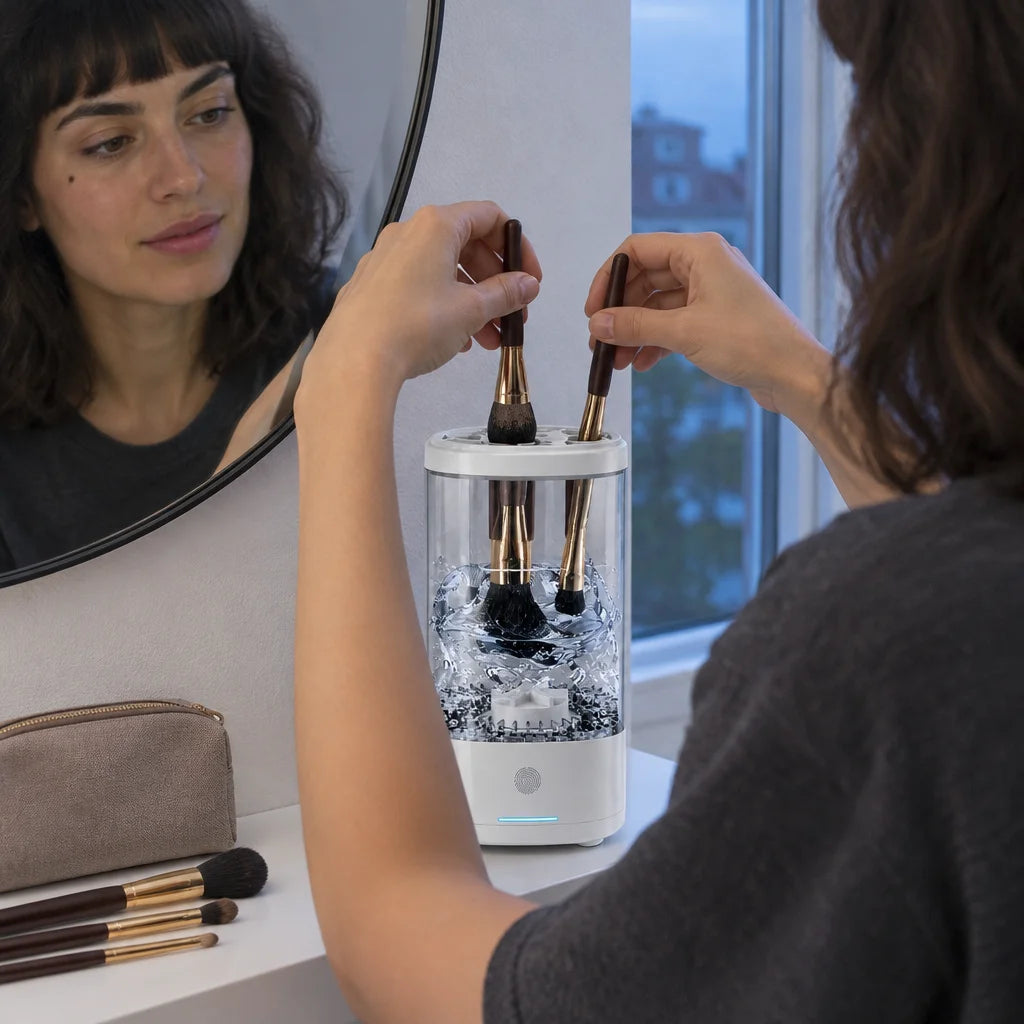 A real after-makeup routine photograph of the exact Transparent white device from reference r01, sta