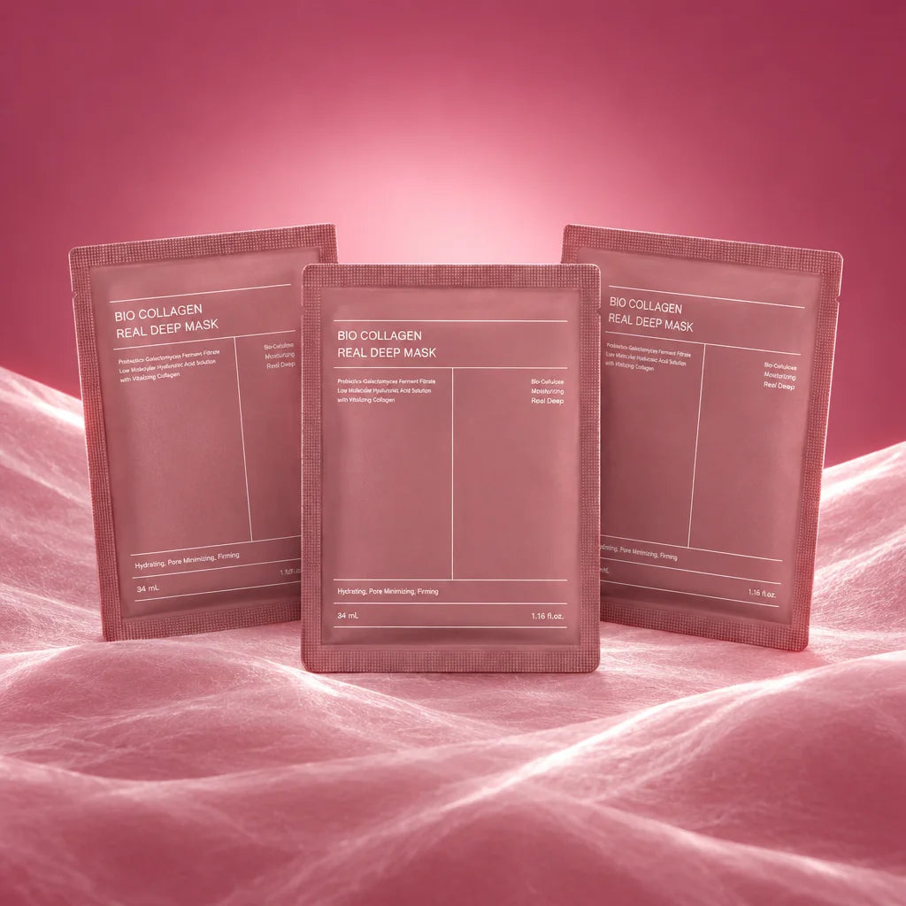 A constructed studio photograph of exactly three matching single-use collagen sheet-mask sachets fro