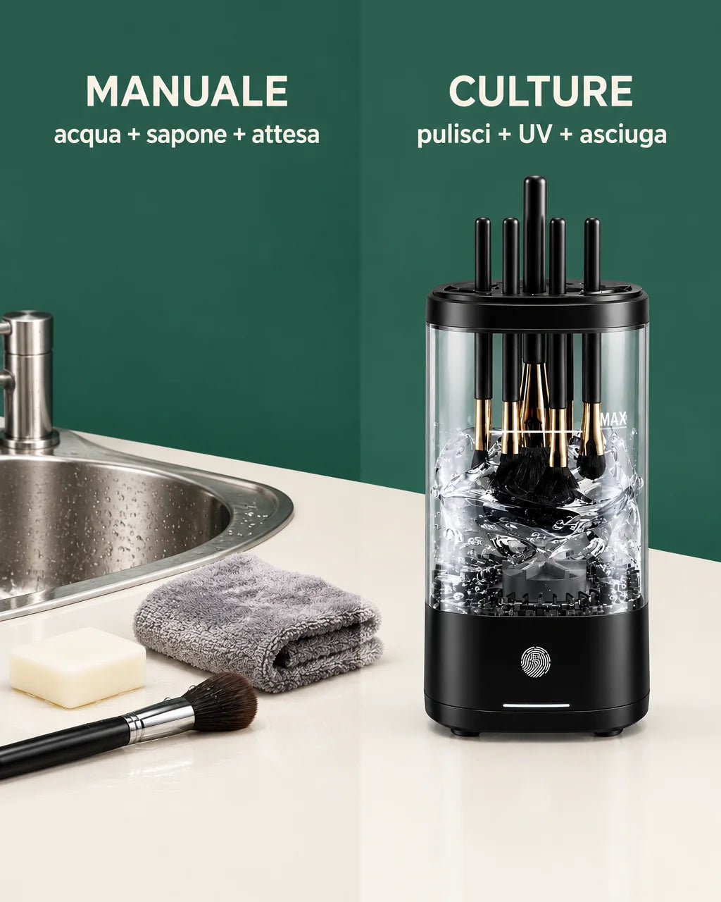A comparison graphic photograph with the exact black cleaning device from reference r00 as the large