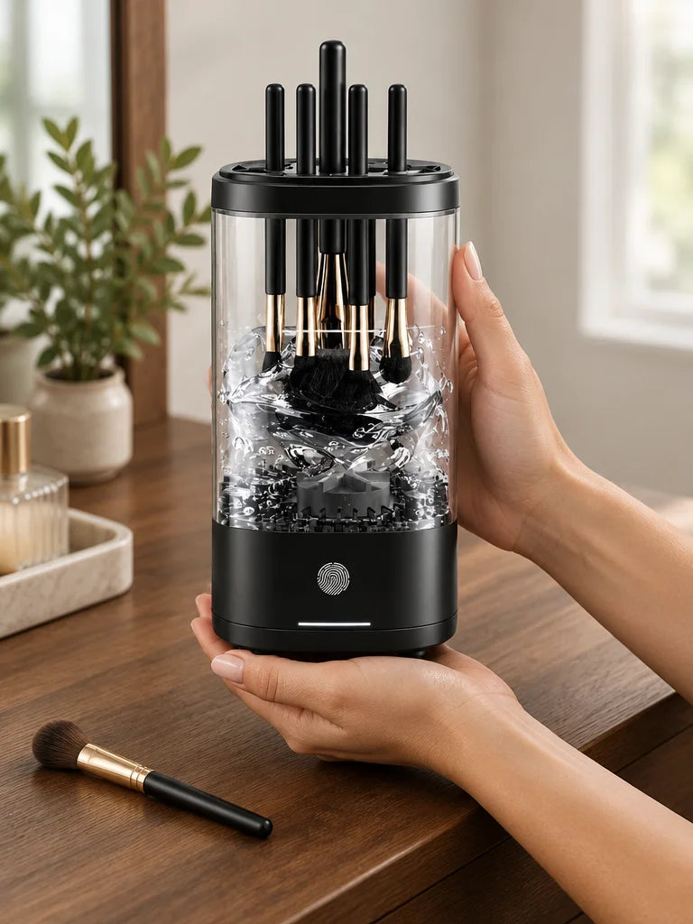 A hand-scale product photograph of the exact black device from reference r00, its matte cylindrical