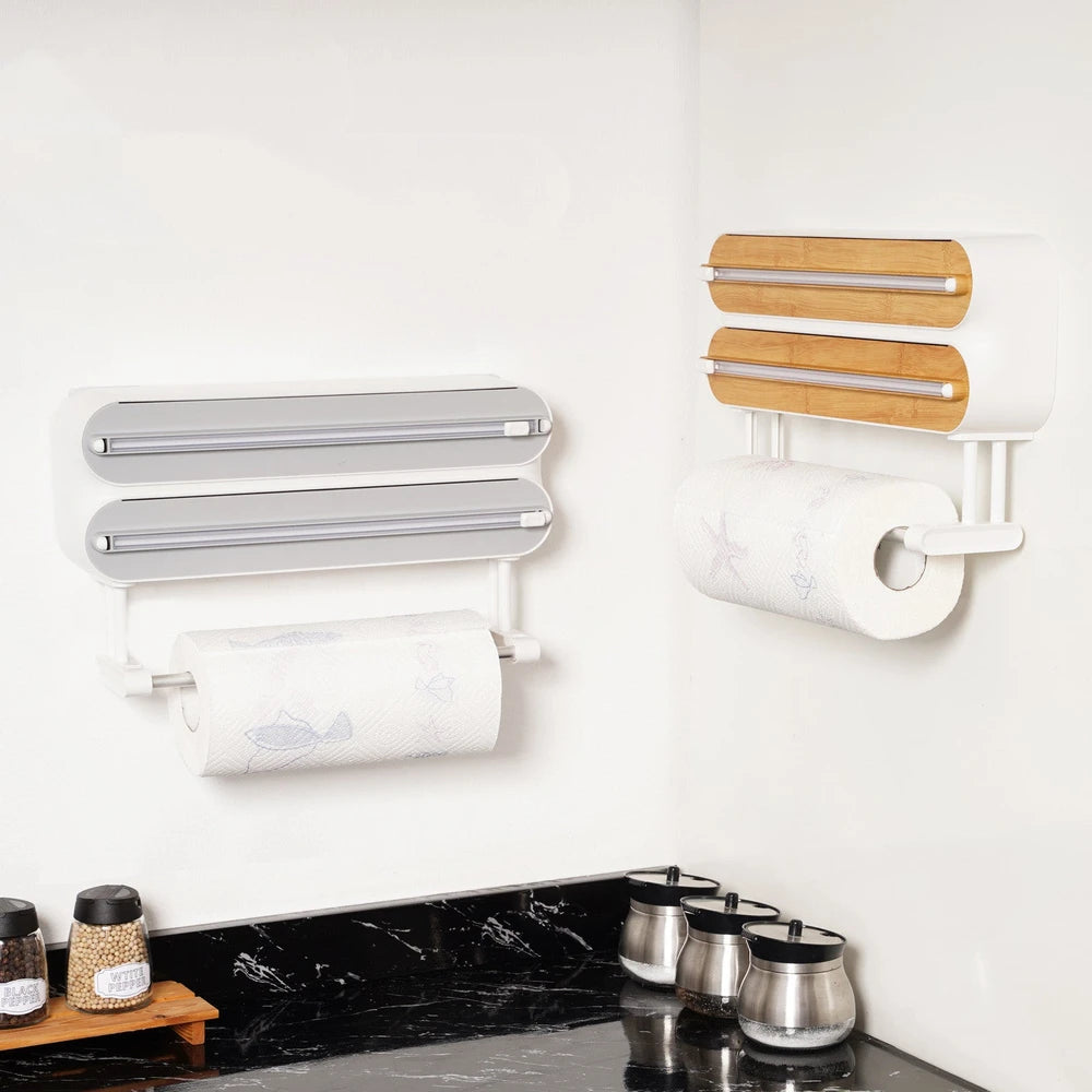 Dispenser da Cucina 3 in 1 – Portarotolo da Parete per Pellicola, Alluminio e Carta da Cucina