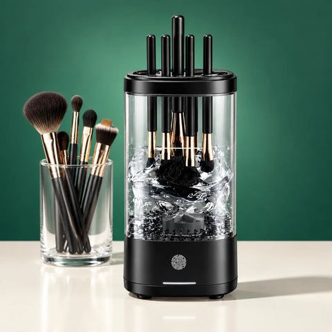 A constructed product photograph of the exact black compact cylindrical makeup-brush cleaning device