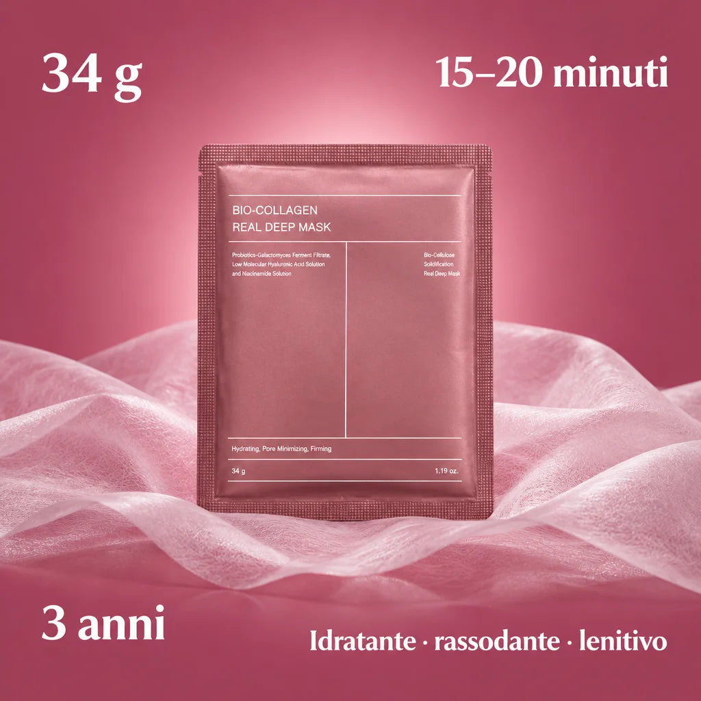 A beauty facts poster built on a constructed product photograph: the exact single-use collagen mask