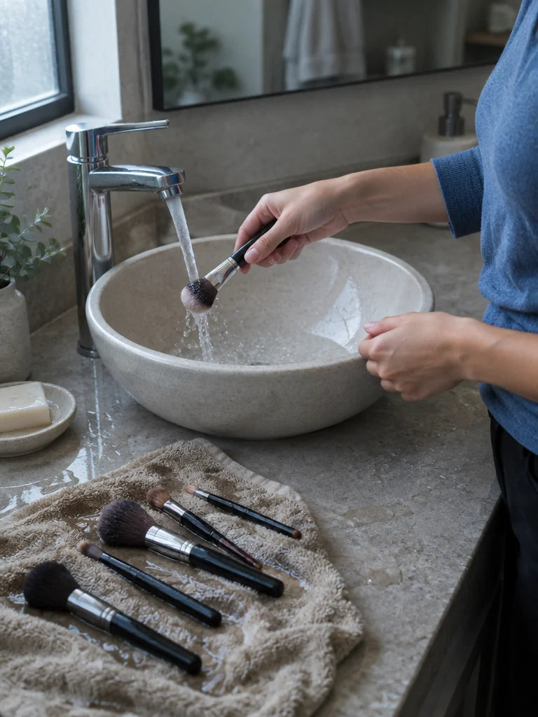 A real bathroom-counter photograph showing the problem before culture: only the hands and torso of a