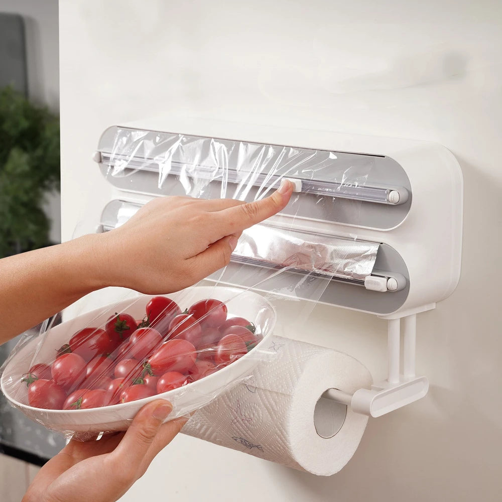 Dispenser da Cucina 3 in 1 – Portarotolo da Parete per Pellicola, Alluminio e Carta da Cucina