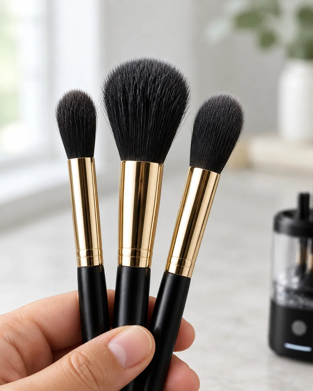 A macro result photograph focused on three clean, dry makeup brush heads with separated fluffy fibre