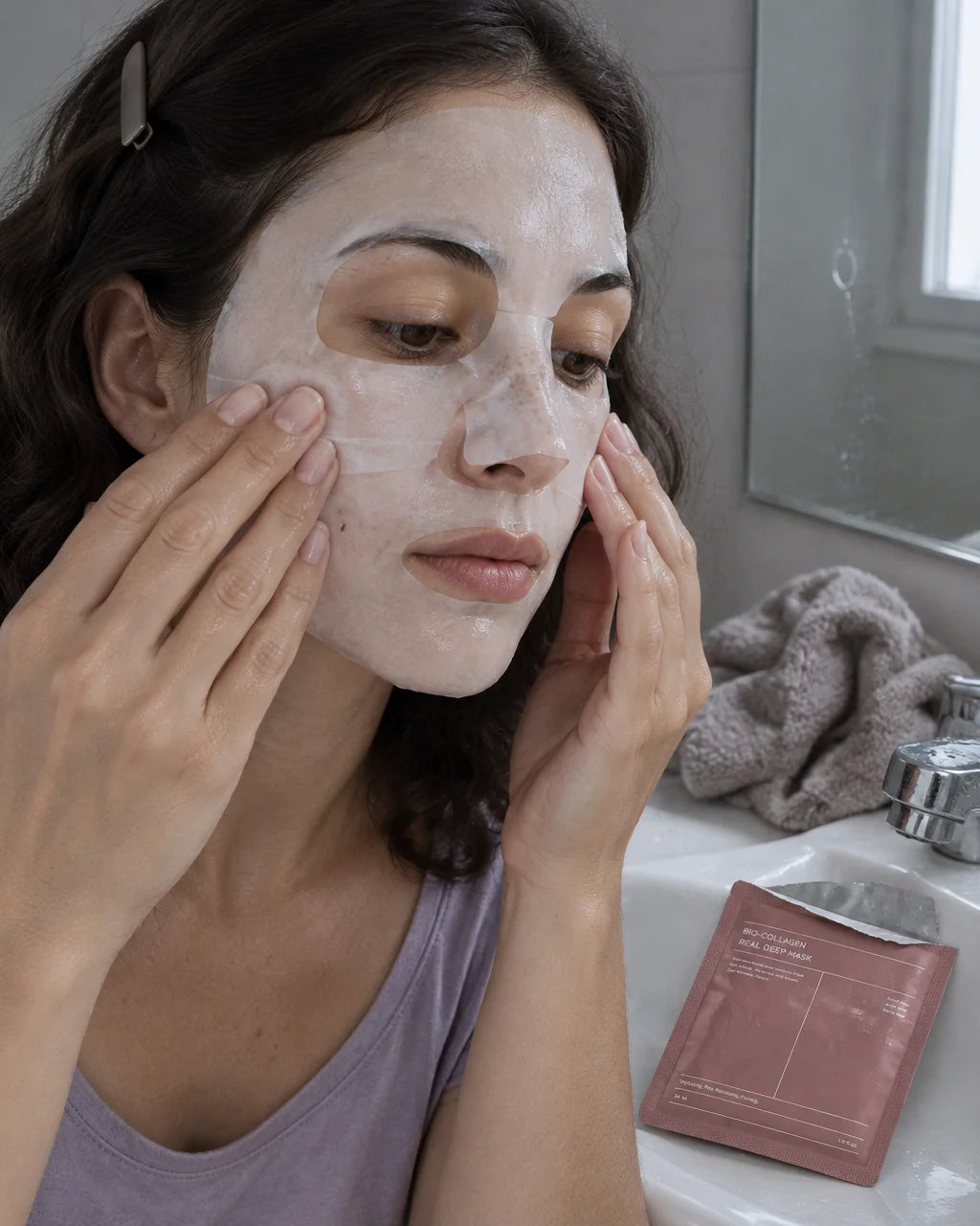 A close home-use photograph of the exact collagen sheet-mask sachet from the reference, opened and r