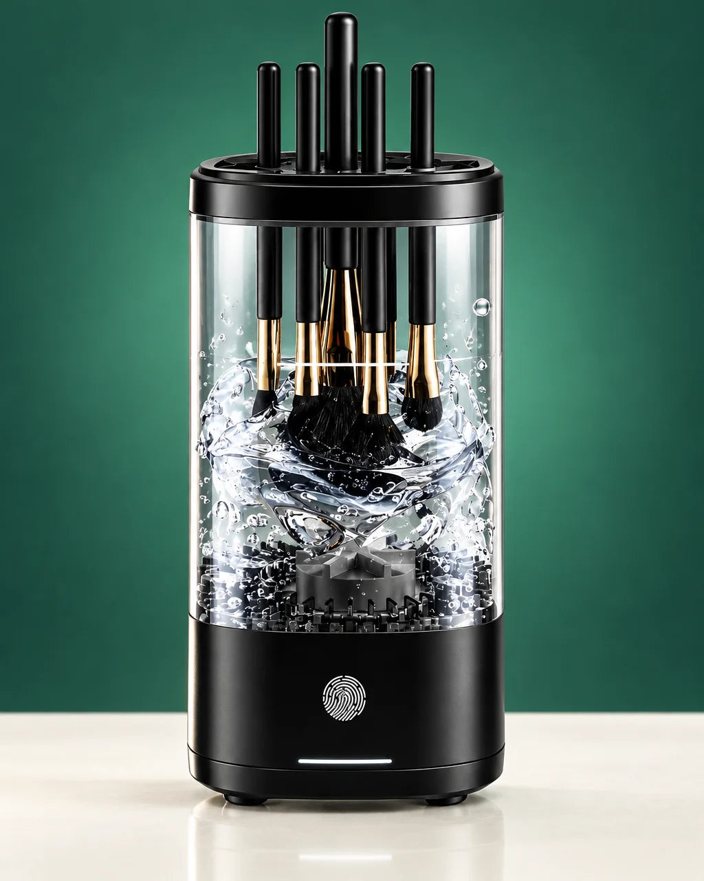 A high-speed product photograph of the exact black compact cylindrical makeup-brush cleaning device