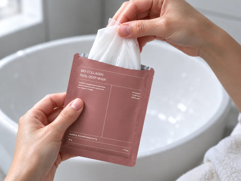 A close home-use photograph of the exact collagen sheet-mask sachet from the reference, opened at th