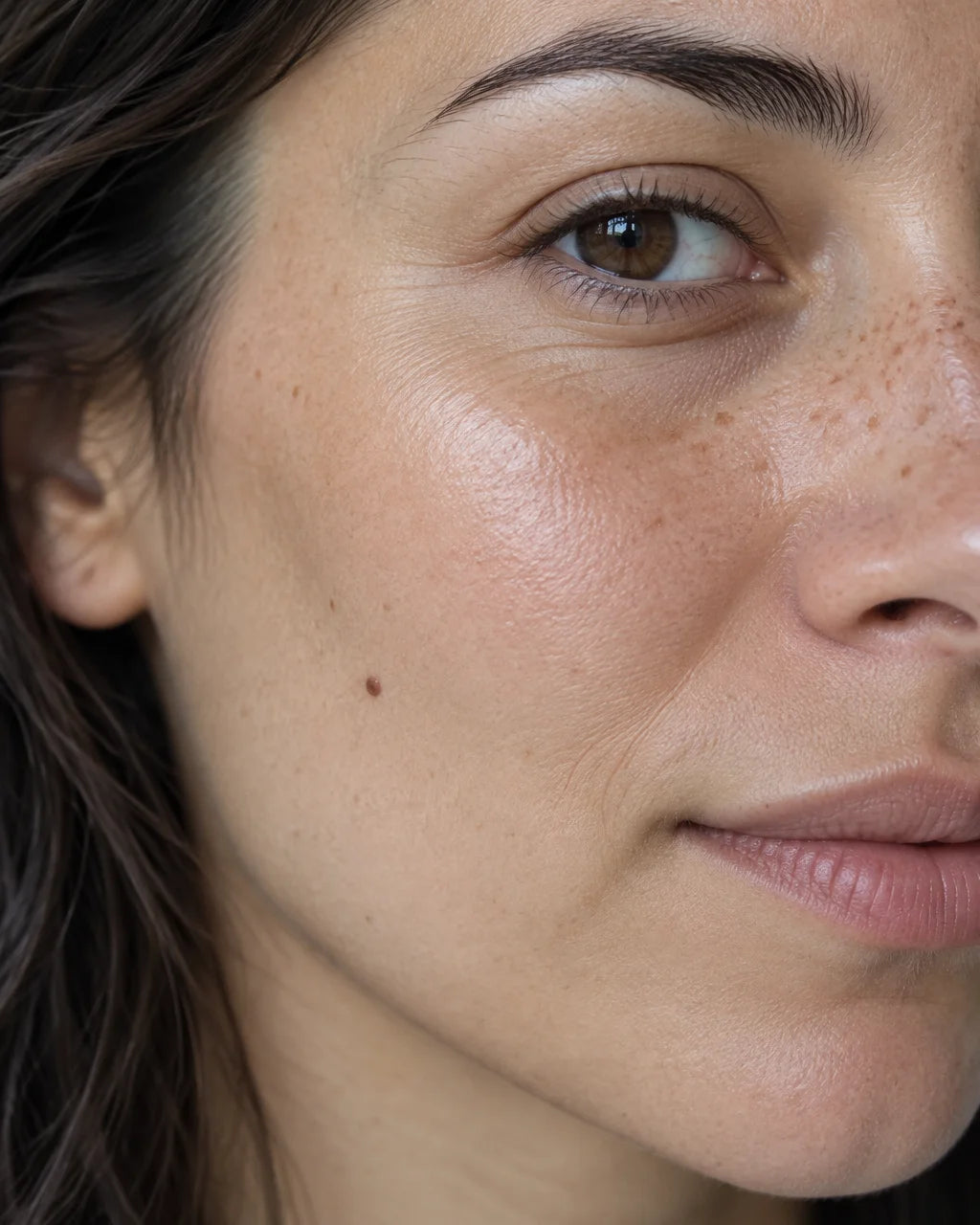 A close beauty photograph of the result on one cheek, filling the 4:5 frame from the edge of one eye
