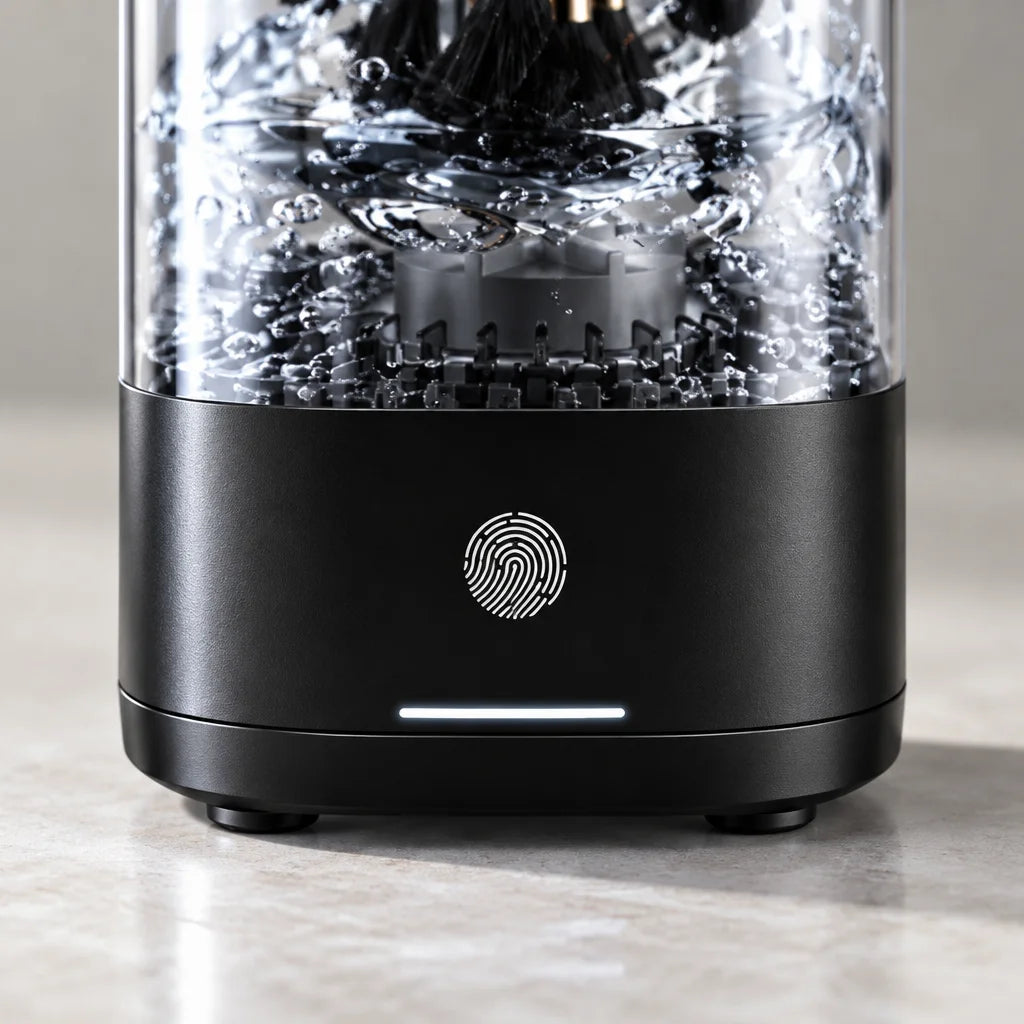 A macro photograph of the exact black device from reference r00 cropped tightly around its lower bod