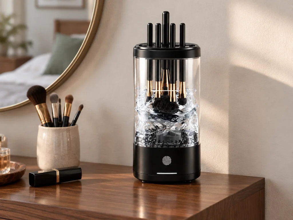 A real bedroom vanity photograph of the exact black device from reference r00, standing upright at r