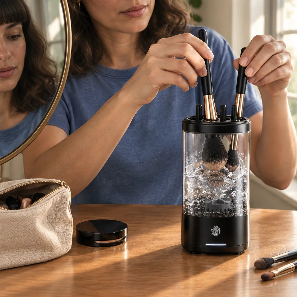 A real beauty-routine photograph of the exact black cleaning device from reference r00, its matte bl