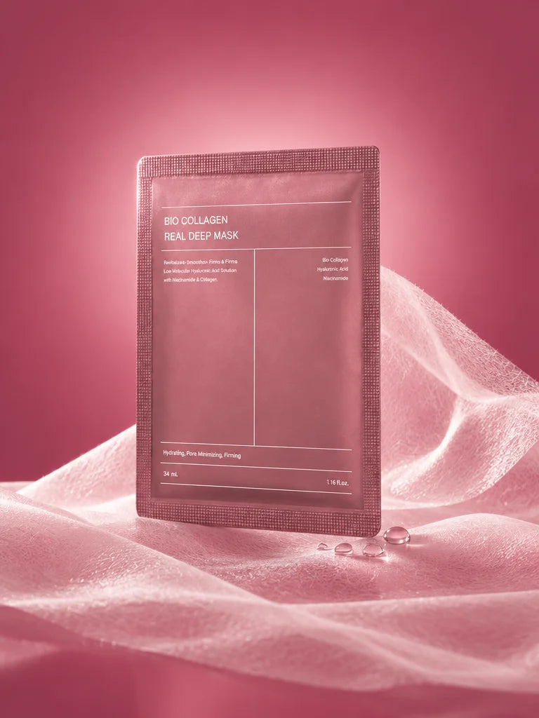 A constructed beauty product photograph of the exact sealed single-use collagen mask sachet from the