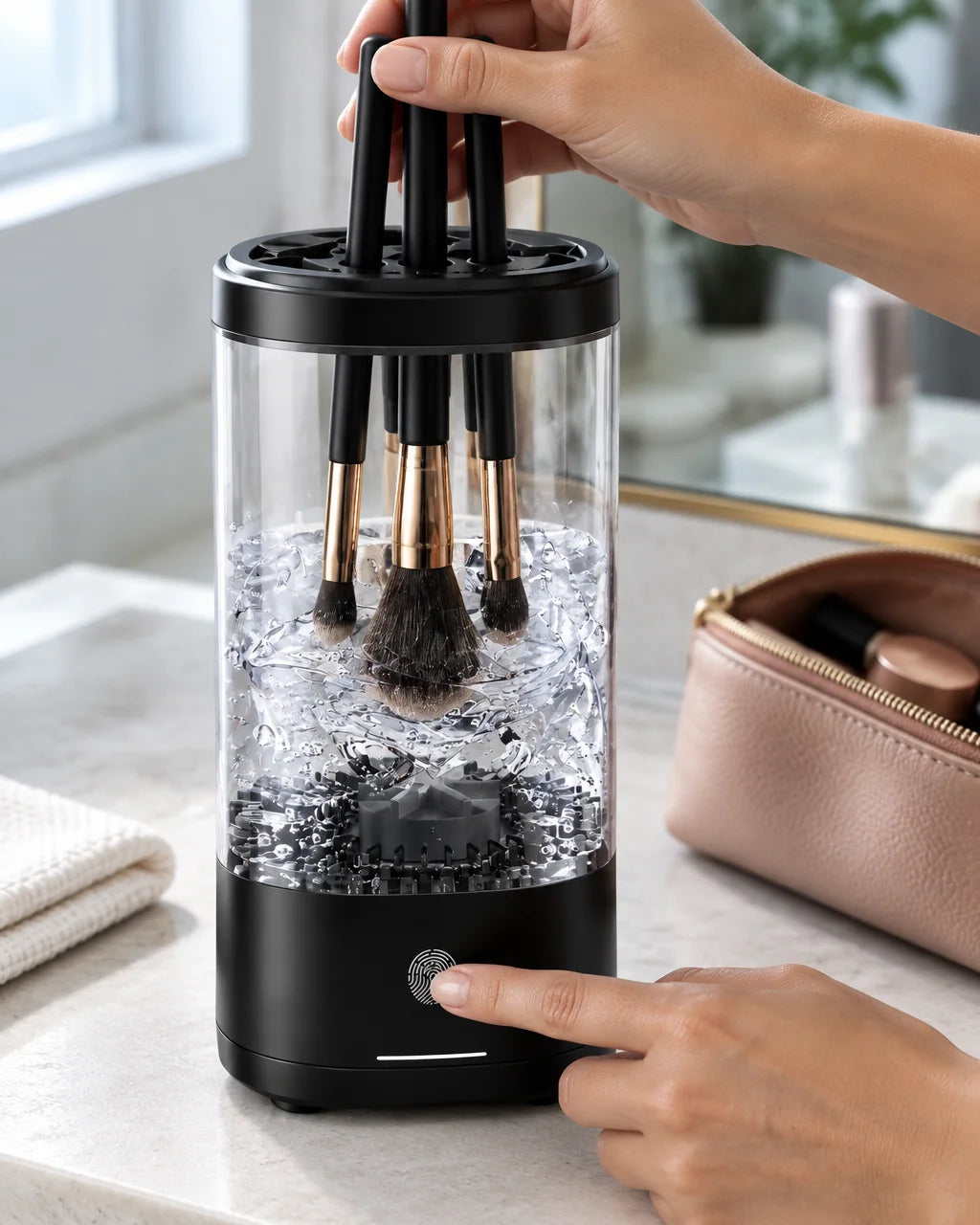 A close real-use photograph of the exact black cleaning device from reference r00, with its matte bl